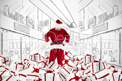 Composite image of santa standing on pile of gifts