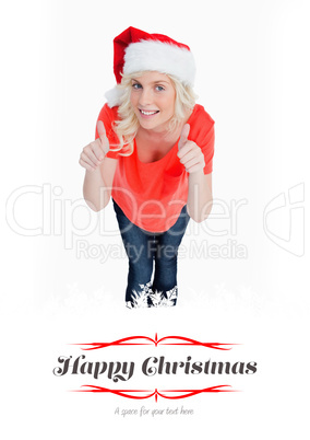 Composite image of fairhaired woman putting her thumbs up while