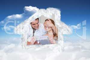 Composite image of man covering the eyes of his girlfriend while