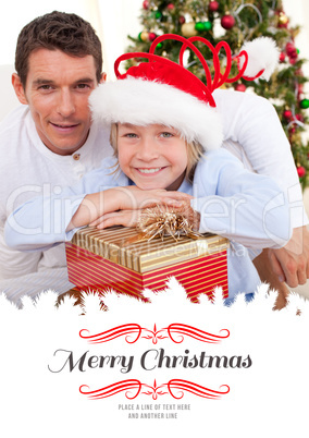 Composite image of portrait of a father and his son holding chri