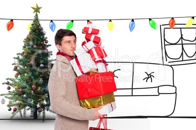 Composite image of young man with many christmas presents