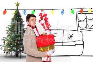 Composite image of young man with many christmas presents