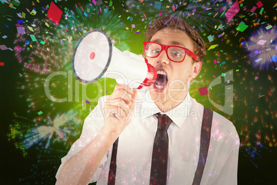 Composite image of geeky businessman shouting through megaphone