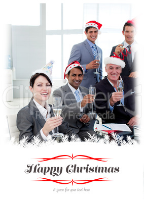 Composite image of manager and his team with novelty christmas h