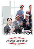 Composite image of manager and his team with novelty christmas h