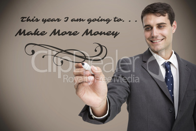 Composite image of young businessman writing something