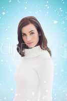 Composite image of pretty brunette in white jumper posing