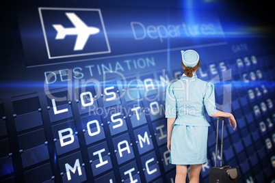 Composite image of pretty air hostess leaning on suitcase