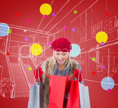 Composite image of blonde in winter clothes looking in shopping