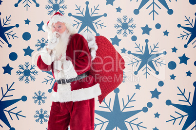 Composite image of santa asking for quiet with bag