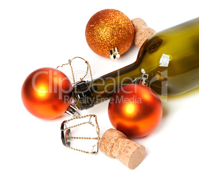 Empty bottle of wine, corks, muselets and Christmas decorations