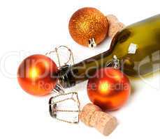 Empty bottle of wine, corks, muselets and Christmas decorations