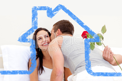 Composite image of husband giving a rose and a kiss to his beaut