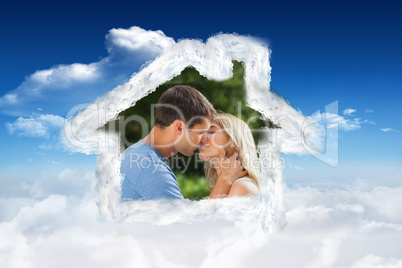 Composite image of loving couple kissing passionately