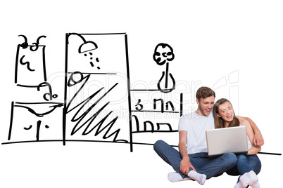 Composite image of young couple using laptop on floor