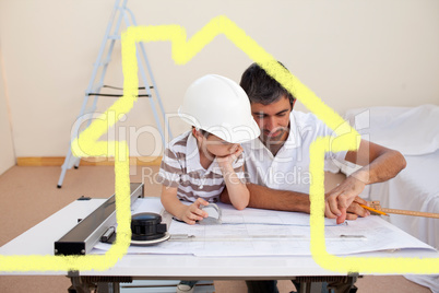 Composite image of father and son studying working with plans