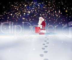 Composite image of santa carrying gifts in the snow