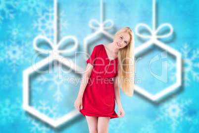 Composite image of pretty blonde in red dress holding skirt