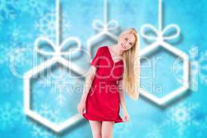 Composite image of pretty blonde in red dress holding skirt