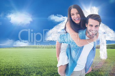 Composite image of happy hipster giving his girlfriend a piggy b