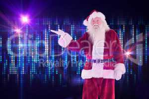 Composite image of santa shows something to camera