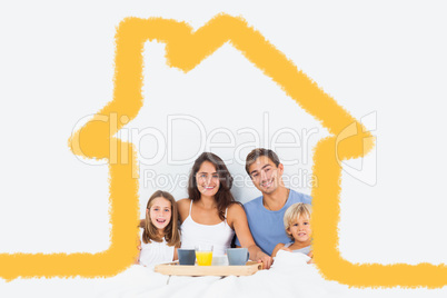 Composite image of family taking the breakfast on the bed