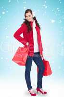 Composite image of cheerful brunette in winter clothes posing an