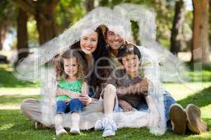 Composite image of happy family sitting in the garden