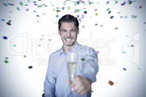 Composite image of man offering champagne