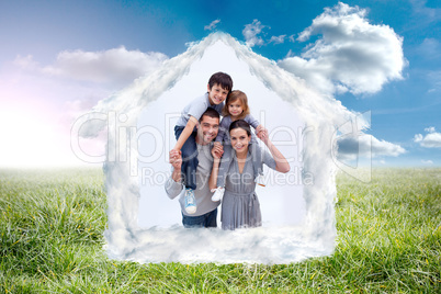 Composite image of parents giving children piggyback rides