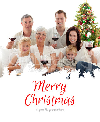 Composite image of family drinking wine and eating sweets in chr