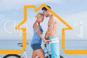 Composite image of cute couple together with their bicycles