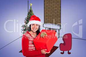 Composite image of young brunette with christmas present