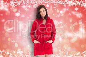 Composite image of portrait of pretty brunette in red dress and