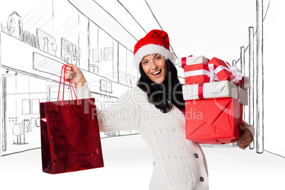 Composite image of smiling woman with christmas presents