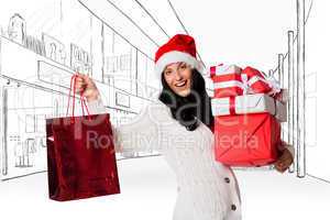 Composite image of smiling woman with christmas presents