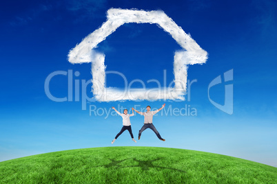 Composite image of couple jumping and holding hands