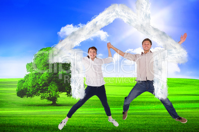 Composite image of couple jumping and holding hands