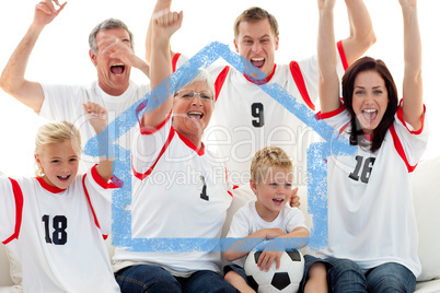 Composite image of family celebrating a goal at home