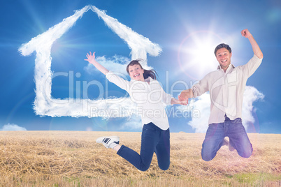 Composite image of couple jumping and holding hands