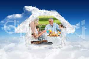Composite image of barbecue grill with extended family having lu