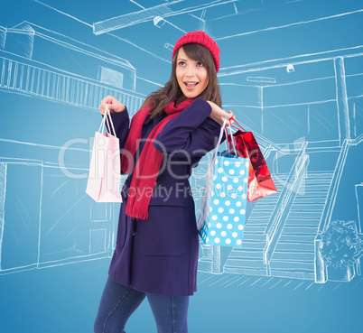 Composite image of young woman in winter clothes posing with sho