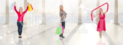 Composite image of happy blonde holding shopping bags