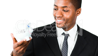 Composite image of close up of an young businessman looking at a