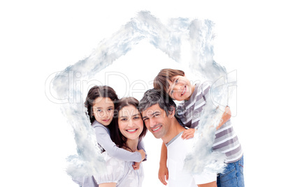 Composite image of smiling parents giving their children a piggy