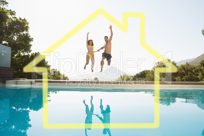 Composite image of cheerful couple jumping into swimming pool