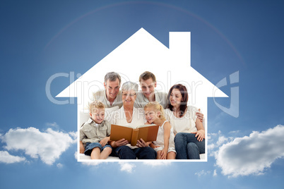 Composite image of grandmother reading a book to her family