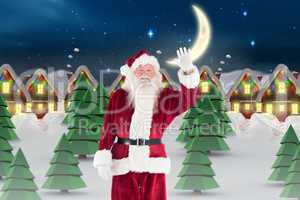 Composite image of jolly santa waving at camera