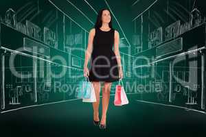 Composite image of woman walking with shopping bags