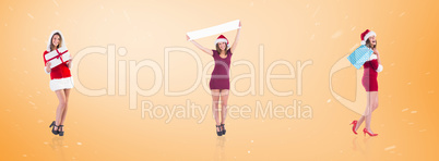 Composite image of festive brunette holding shopping bags